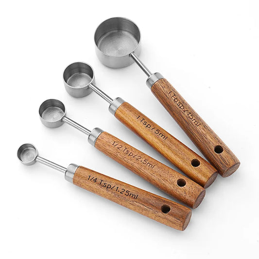 4/8 Keping Set Cawan Sukat Emas dan Sudu Sukat Emas dengan Pemegang Kayu Aromatik Set Penuh Cawan Sukat dan Sudu 