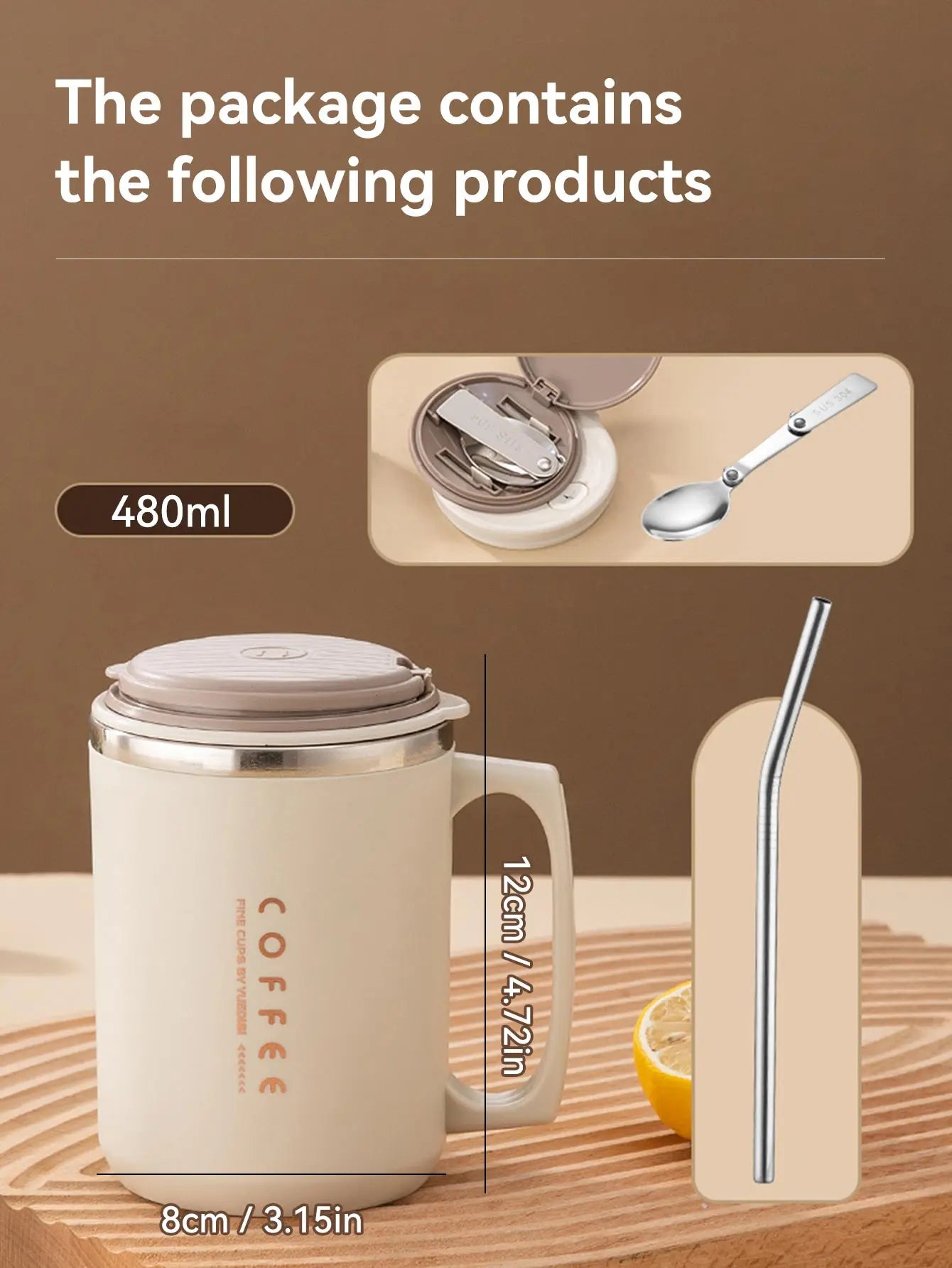 WORTHBUY Double-layer Coffee Cup With Spoon&Straw Milk Coffee Mug Portable Insulated Anti Scalding 304 Stainless Steel Water Cup