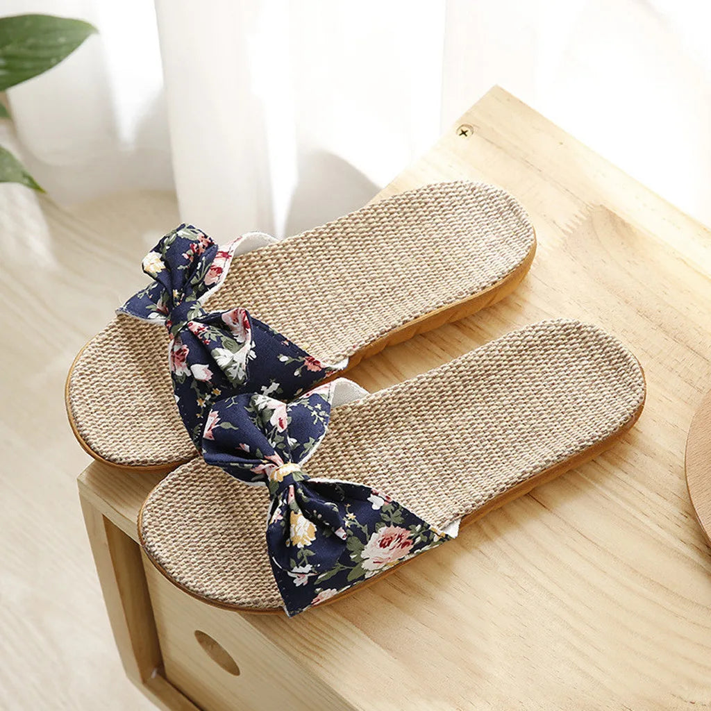 Slaid Musim Panas Wanita Kasual Selipar Flaks Selesa Berjalur Linen Linen Selipar Platform Sandal Kasut Dalaman Wanita 