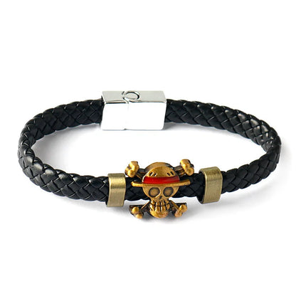 Anime One Piece Pirate Bracelet Cartoon Action Doll Lufei Straw Hat Punk Black Leather Woven Bracelet Toy Gift Birthday 