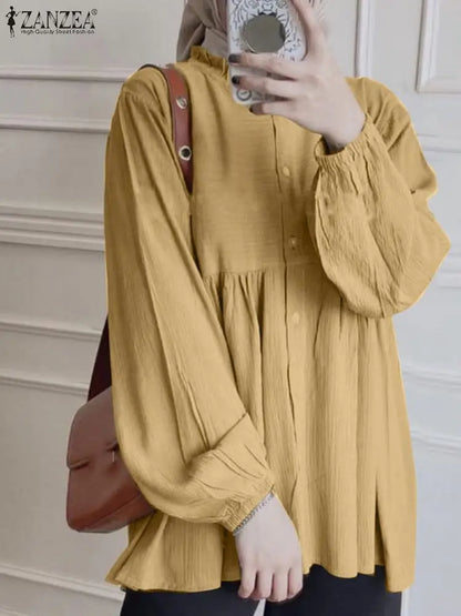 ZANZEA Fashion Muslim Tops Femme Solid Color Long Sleeve Blouse Casual Loose Shirt Ruffles Hem Islamic Clothing Abaya Kaftan