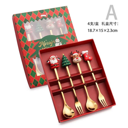 Stainless Steel Spoon,cute Creative Christmas Tree Coffee Mixing Spoon,dessert Fruit Fork,figurine Spoon Fork Cutlery,gift Set