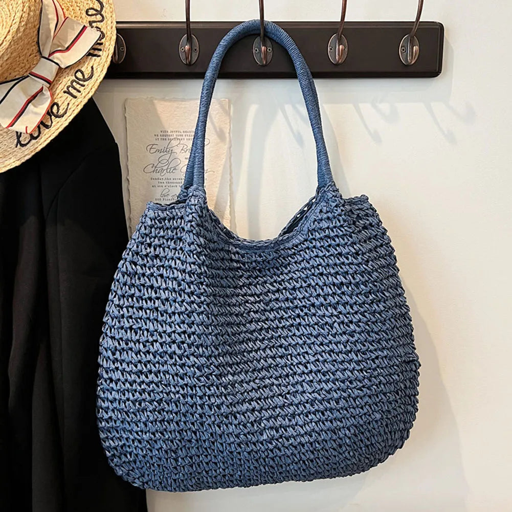 Women Crochet Beach Handbag Hasp Closure Retro Straw Handbag Solid Color Simple Weaving Handbag Ladies Summer Daily Bag