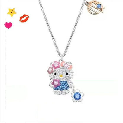 Hello Kitty Necklace Sanrio Anime Character Pink Peach Heart Crystal Cat Push-Pull Bracelet Pendant Couple Decoration Girl Gift