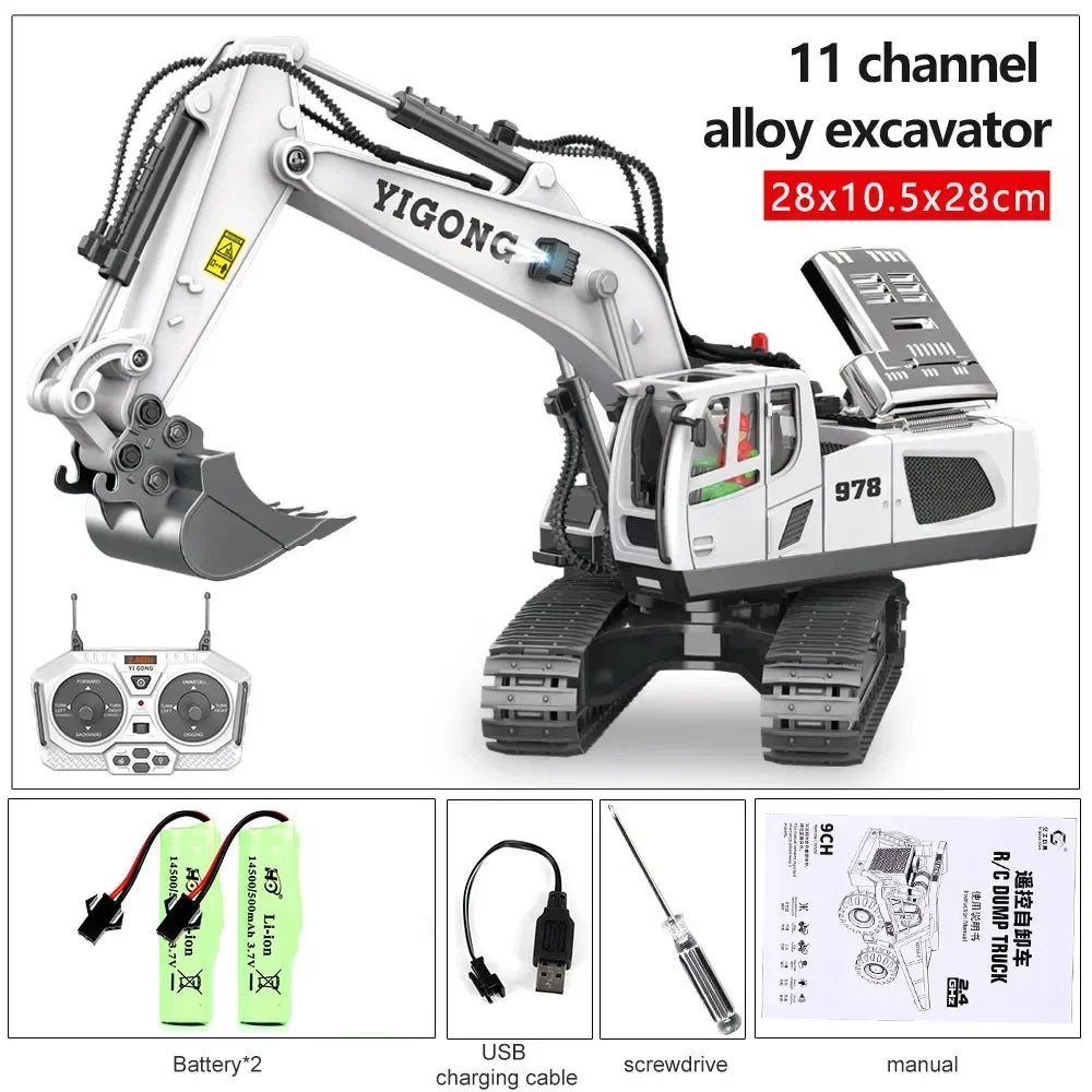 2.4G High Tech 11 Channels RC Excavator Dump Trucks Jentolak Aloi Kejuruteraan Plastik Kenderaan Mainan Elektronik Untuk Hadiah Lelaki 