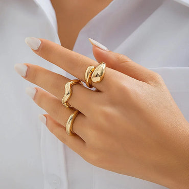 3Pcs Set Cincin Berbentuk Gelombang Geometrik Kreatif Bergaya untuk Wanita Reka Bentuk Tidak Sekata Aksesori Perhiasan Jari Cincin Terbuka Boleh Laras 