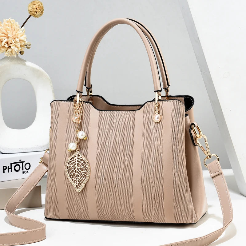 Beg Tangan Berjalur Fesyen, Beg Selempang Kulit PU Wanita, Dompet Beg Tangan Atas 