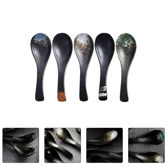 5Pcs Japanese Ceramic Dinnerware Asian Soup Dinnerware Porridge Spoon Scoop Porcelain Dessert Spoon Tableware for