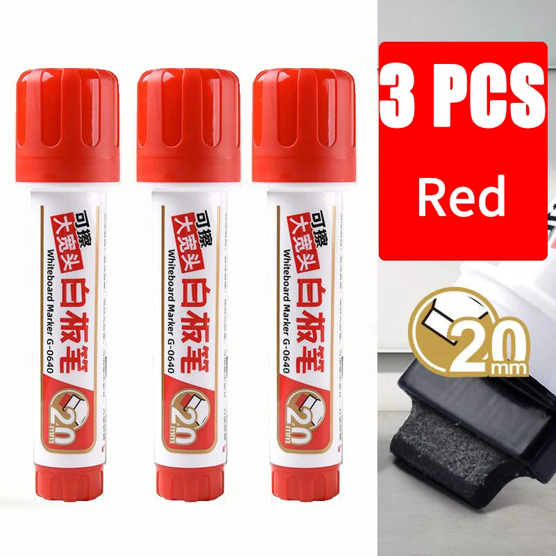 Penanda Papan Putih Nib Besar 20mm Petua Rata untuk Keterlihatan Jelas Dakwat boleh isi semula Padam Kering Penanda JUMBO Hitam Merah Biru 