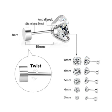 LUXUSTEEL 1Pair/2Pcs Anting-Anting Kancing Kristal Keluli Tahan Karat Untuk Wanita Lelaki 4 Serampang Tragus Bulat Jelas Cubic Zirconia Perhiasan Telinga 