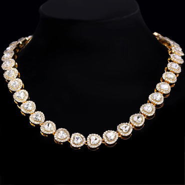 Bling Mewah Berturap Hati Kristal Kalung Rantai Pautan Cuba untuk Wanita Hip Hop Ais Keluar Bulat Square Tenis Rantai Choker Barang Kemas 
