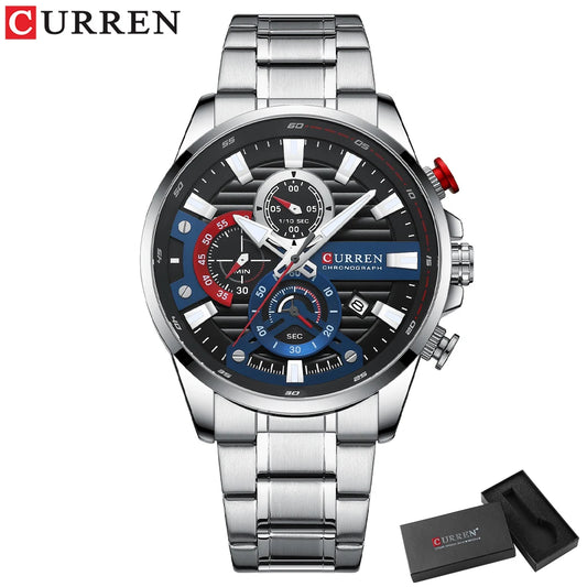 CURREN Sports Casual Quartz Wristwatches with Chronograph Fashion Stainless Steel Men's Watch Auto Date Clock Male