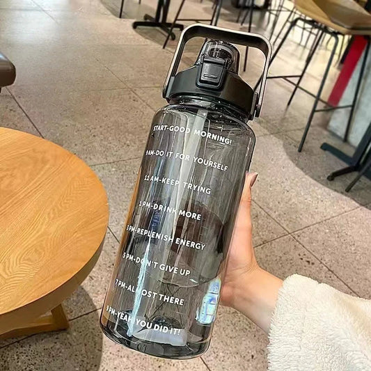 2 Liters Straw Water Bottle Portable Large Capacity Plastic Water Cup Leakproof Drink Bottle with Time Marker Outdoor Sports Gym