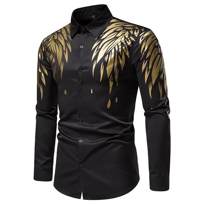 Men's shirt casual and comfortable gold wing floral print shirt 2024 hot selling slim long sleeve formal shirt business fashion