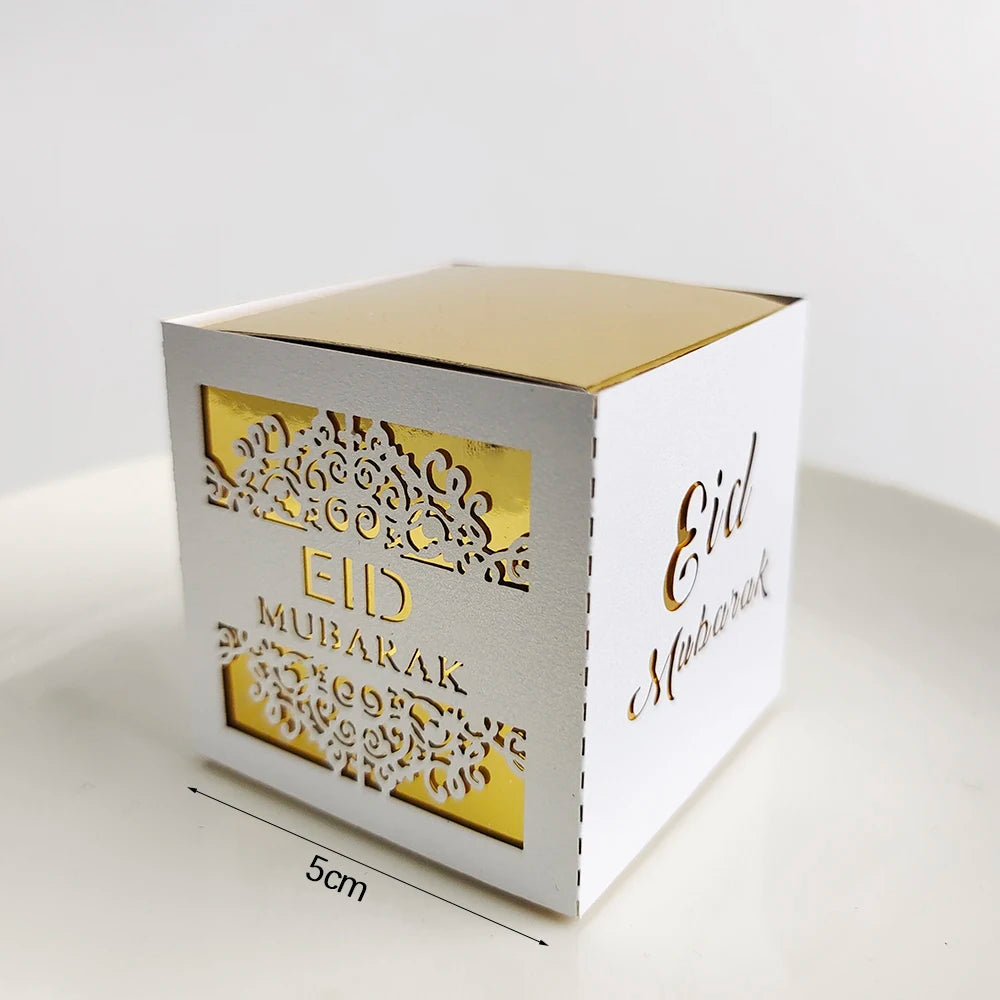 10Pcs Eid Mubarak Candy Boxes Hollowed Out Gift Box Gold White Black Ramadan Islamic Muslim for Eid Al-Fitr Party Decor Supplies