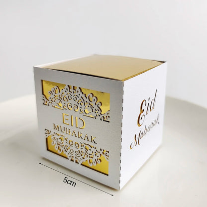 10Pcs Eid Mubarak Candy Boxes Hollowed Out Gift Box Gold White Black Ramadan Islamic Muslim for Eid Al-Fitr Party Decor Supplies