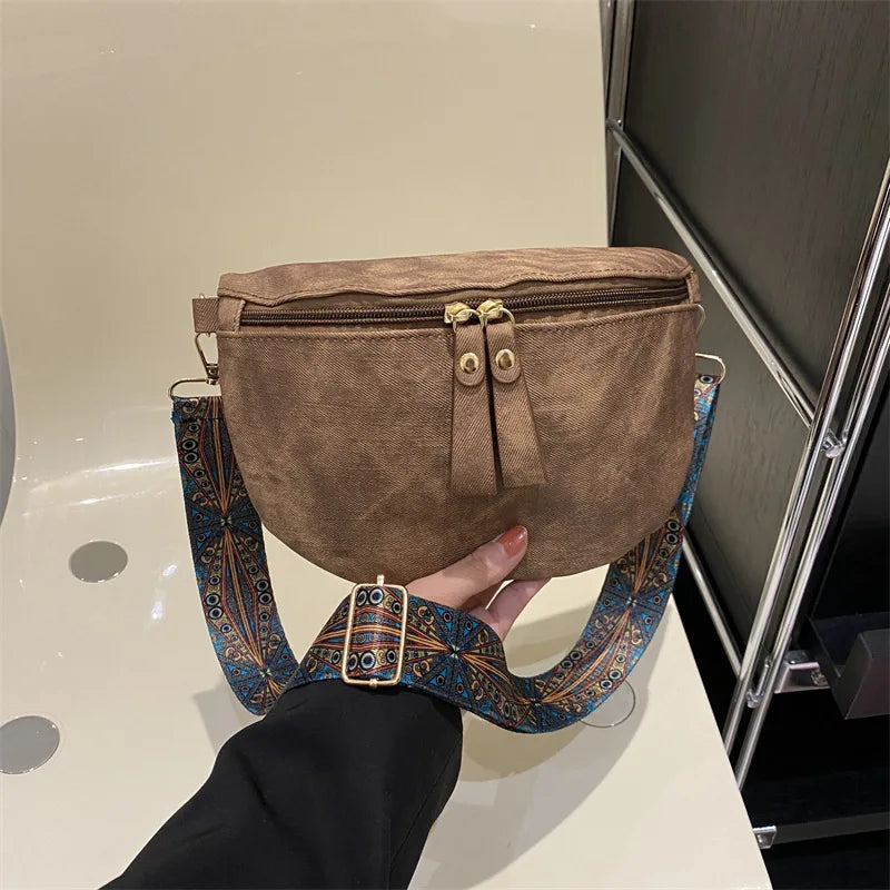 Beg Dada Bergaya Hobo Warna Pepejal Pereka Mewah Beg Dada Wanita PU Kulit Beg Pinggang Fesyen Tali Lebar Pek Bahu Fanny 