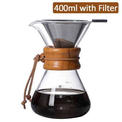 Coffee Maker Kettle Clear Hand Brew Coffee Pot High Borosilicate Glass Stainless Steel Filter Dripper Pour Coffee Server Pot