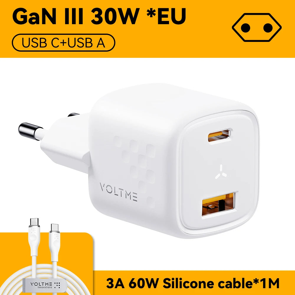 VOLTME USB C 快速充电器 30W GaN 充电器 QC PD 3.0 双端口便携式适配器适用于 iPhone 13 12 iPad 小米快速壁式充电器