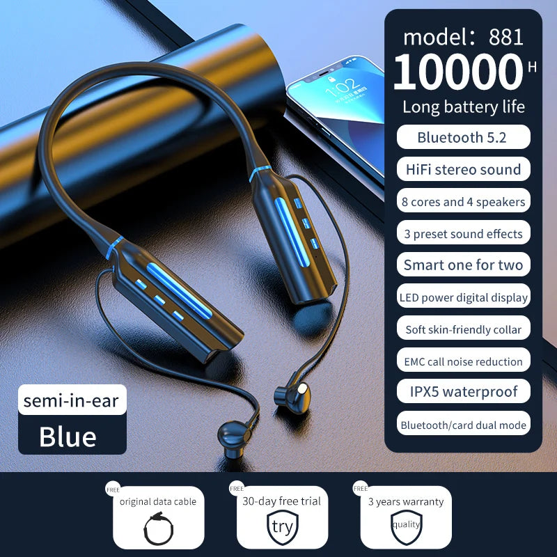 10000mAh 10000Jam Main balik Fon Telinga Bluetooth Wayarles Sukan Magnetik Larian Set Kepala Gelang Leher Bulu Telinga Sukan Pengurangan Bunyi 