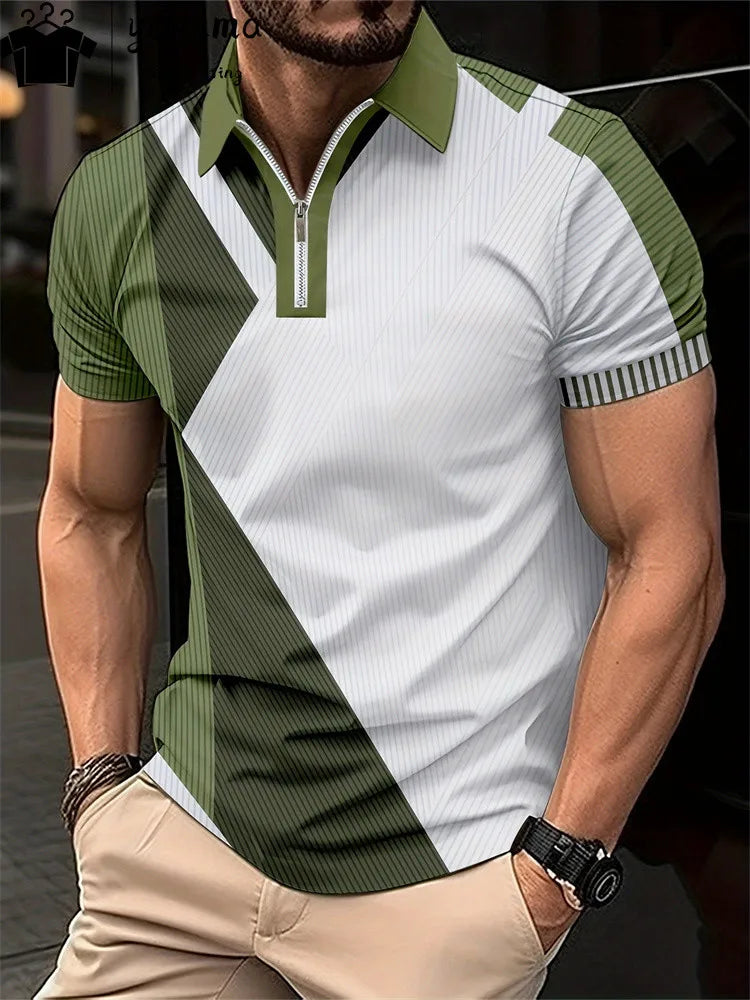 Men's Zipper Polo Shirt 3d Lattice Print Fashion Clothing Business Casual T-Shirt Mens Polo Shirt Zip Short Sleeve Street Top