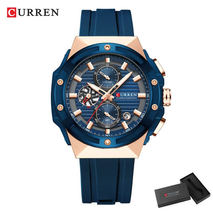 CURREN Fashionable Sports Multifunctional Chronograph Quartz Watch with Silicone Strap Creative Design Dial Luminous Hands