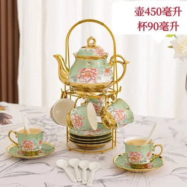 20 Pieces Porcelain Tea Set with Metal Holder European Ceramic Tea Set for Adults Flower Tea Set for Women with Floral