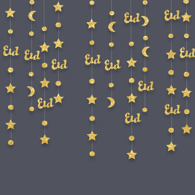 Kertas Berkilauan Emas Bintang Bulan Kalungan Pita Eid Mubarak Hiasan Gantung Ramadan Kareem Hiasan Sepanduk Perlengkapan Pesta Muslim 