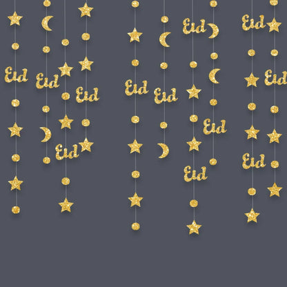 Kertas Berkilauan Emas Bintang Bulan Kalungan Pita Eid Mubarak Hiasan Gantung Ramadan Kareem Hiasan Sepanduk Perlengkapan Pesta Muslim 