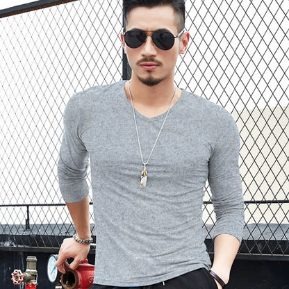 V Neck Mens T Shirts Plain Long Sleeve T Shirt Men Slim Fit Undershirt Armor Summer Casual Tee Tops Underwear Tshirt White Black