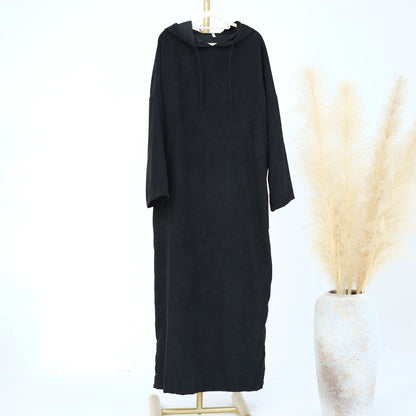 Tali Serut Corduroy Abaya Tertutup Longgar Kasual Musim Sejuk Wanita Muslim Pakaian Solat Pakaian Kaftan Kebaya Turki Gaun Plus Saiz 