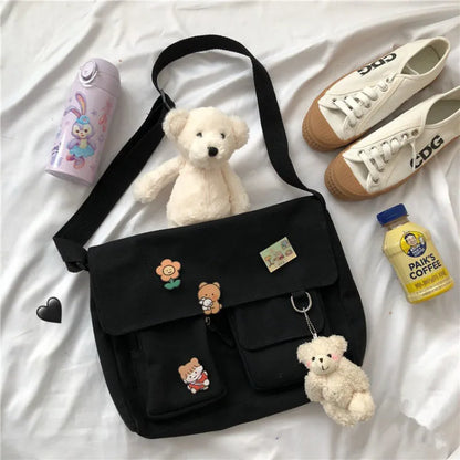 Harajuku Jepun Beg Bahu Gadis Retro Comel Lencana Cantik Kanvas Selempang Beg Sekolah Pelajar Beg Utusan Warna Pejal Beg Utusan 