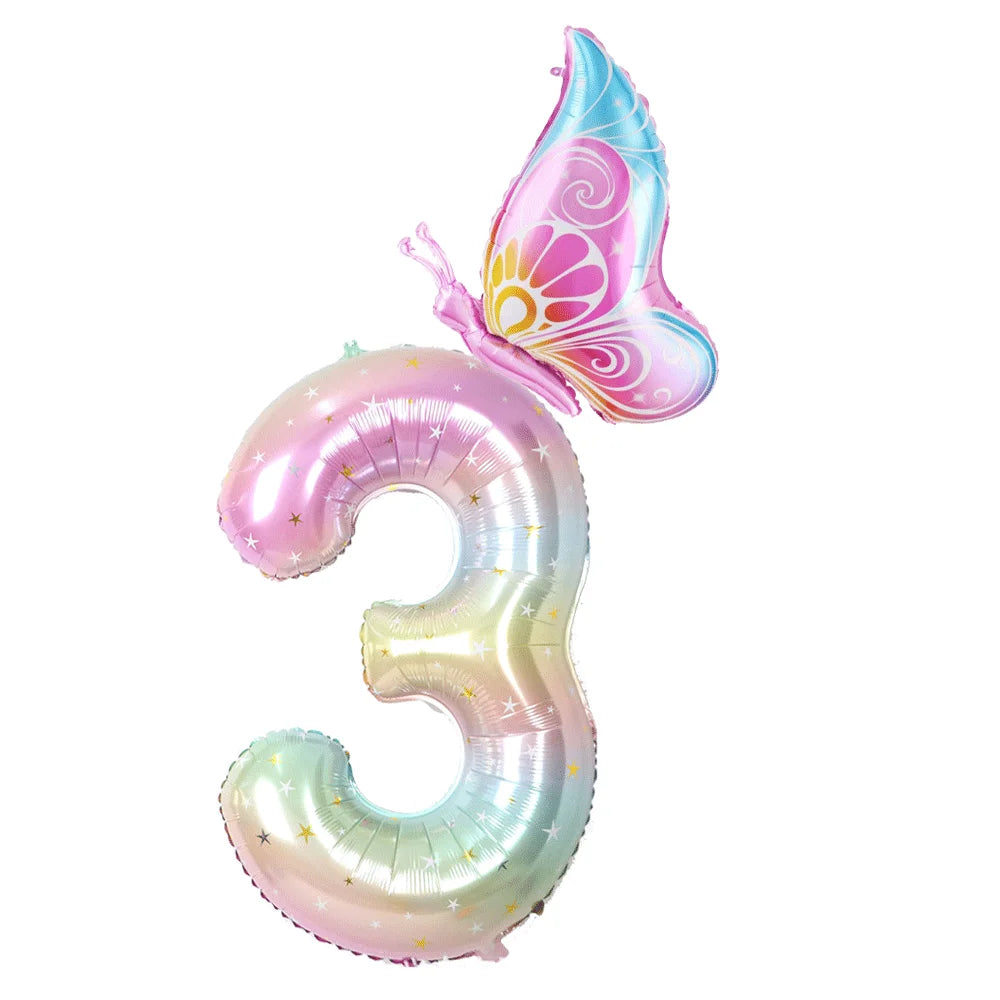 40Inch Colorful Gradient Number Balloon 0-9 Digit Foil Helium Balloon Butterfly Girl Birthday Party Decor Baby Shower Kids Gifts
