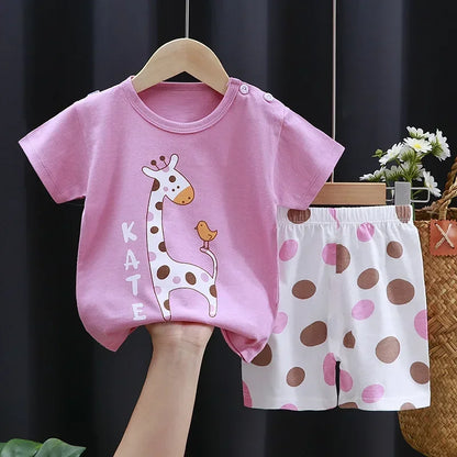 2PCS Set Kanak-kanak Ibu Pakaian Kanak-Kanak Lelaki Baju-T Perempuan Seluar pendek Kapas Musim Panas Lengan Pendek Pakaian Bayi Kanak-kanak Sut Kanak-kanak 