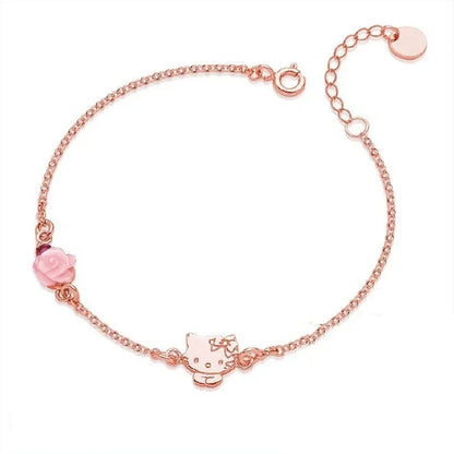 Hello Kitty Necklace Sanrio Anime Character Pink Peach Heart Crystal Cat Push-Pull Bracelet Pendant Couple Decoration Girl Gift