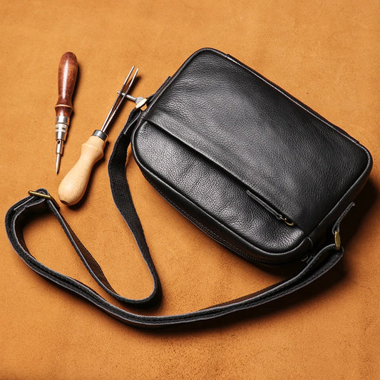 GURO Men's Genuine Leather Shoulder Bag Natural Cowhide Crossbody Casual Small Satchel Luxury Mobile Phone Bag For 7.9 Inch IPad