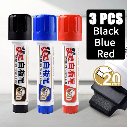 Penanda Papan Putih Nib Besar 20mm Petua Rata untuk Keterlihatan Jelas Dakwat boleh isi semula Padam Kering Penanda JUMBO Hitam Merah Biru 