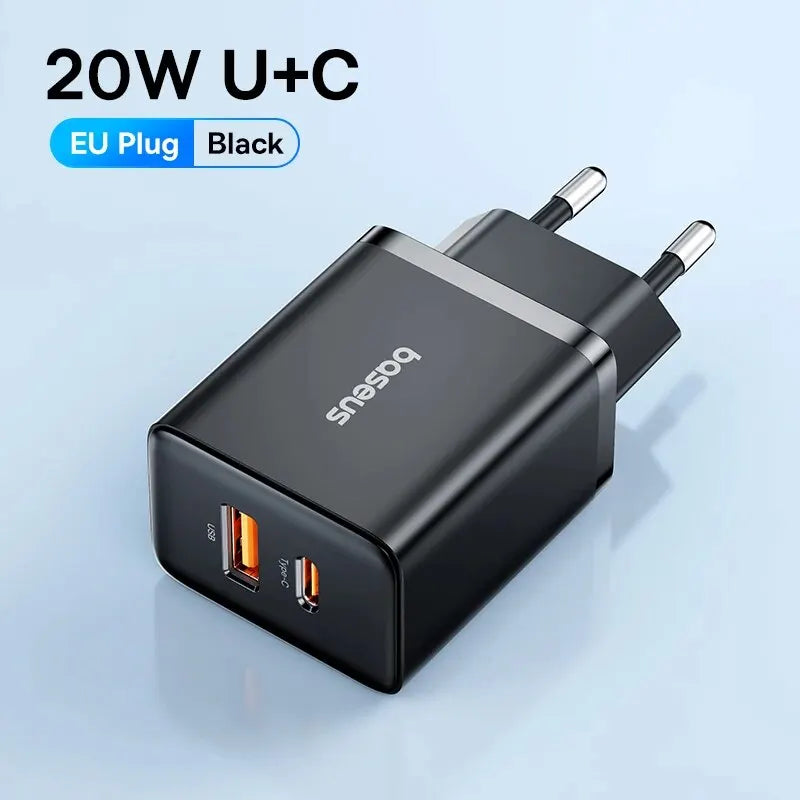 Pengecas PD Baseus 20W Pengecas Pantas QC4.0 QC3.0 Pengecas USB Jenis C untuk iPhone 15 14 13 12 11 Pengecas Telefon Xiaomi Pengecas Cepat 