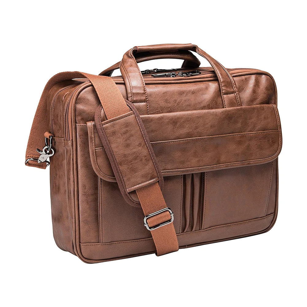 Large Capacity Briefcase Men'S Business Shoulder Bag Retro Classical Leather Wide-Strap Crossbody Bag For 17.3inches Laptop Bag