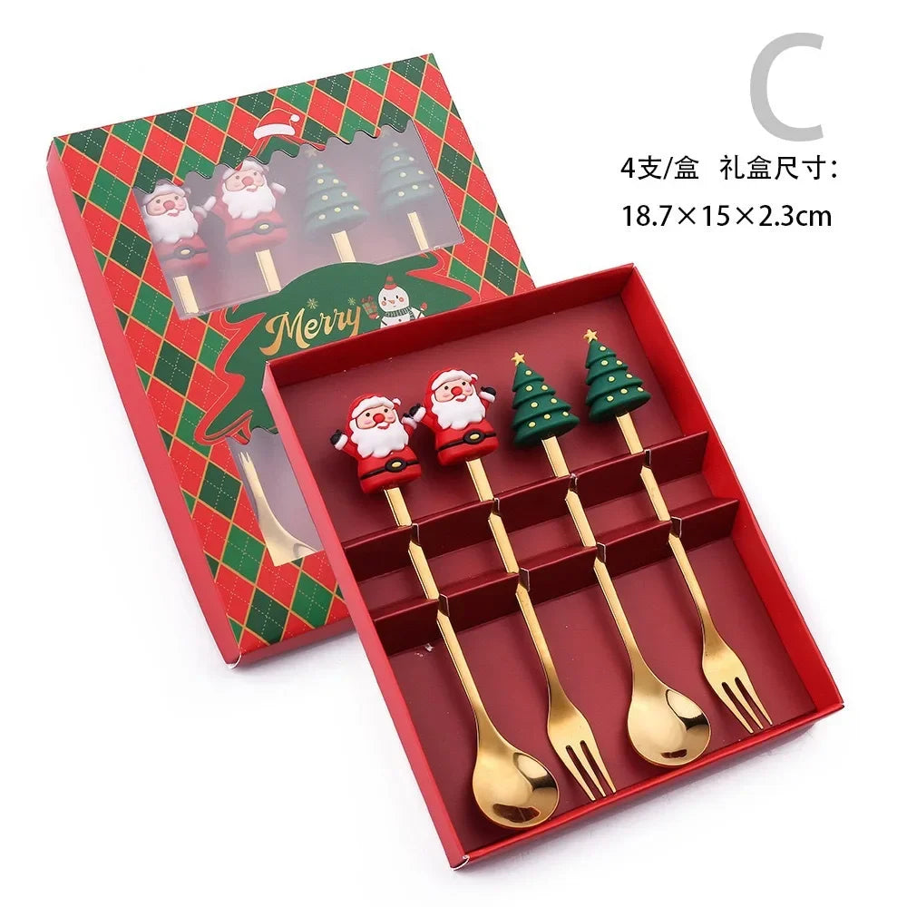 Stainless Steel Spoon,cute Creative Christmas Tree Coffee Mixing Spoon,dessert Fruit Fork,figurine Spoon Fork Cutlery,gift Set