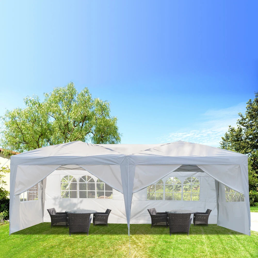 3 x 6m Four Windows Practical Waterproof Folding Tent White Waterproof Canopy Patio Wedding Gazebo, White