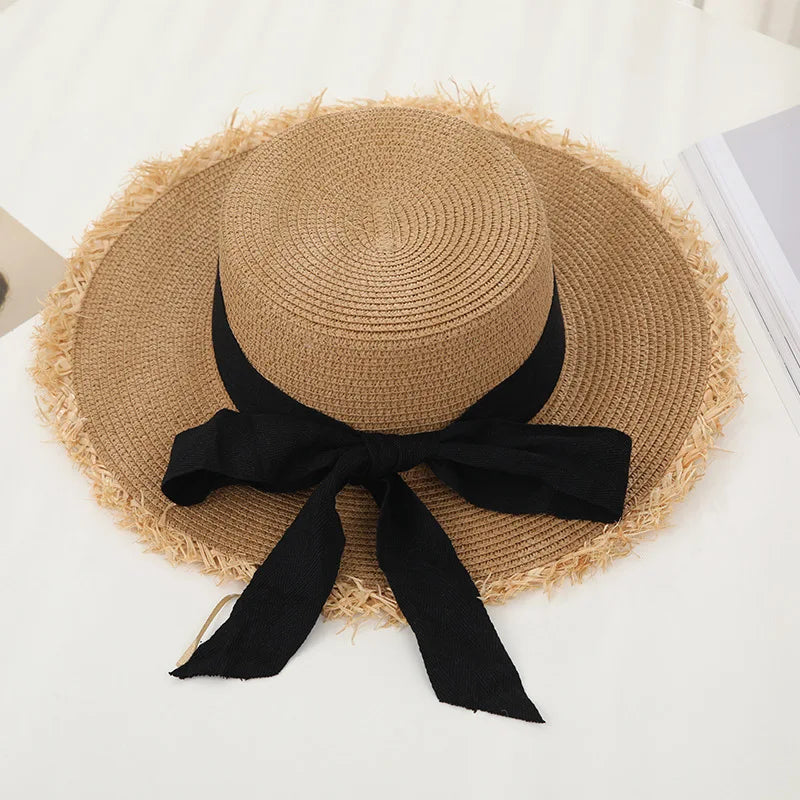 Tassel Female lace bow bowknot straw hat Summer Women ladies casual floppy Sun hat Ribbon Sunscreen cap for beach