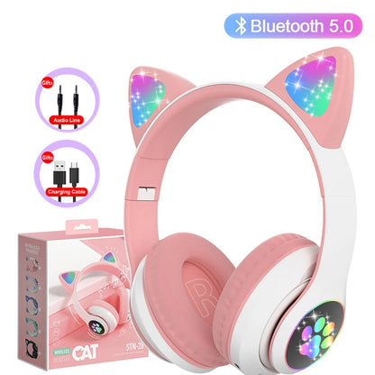 Flash Light Cute Cat Ear Headphones with Mic Kids Girl Stereo Phone Music Headset Gamer Bluetooth Headphone Girls Birthday Gift