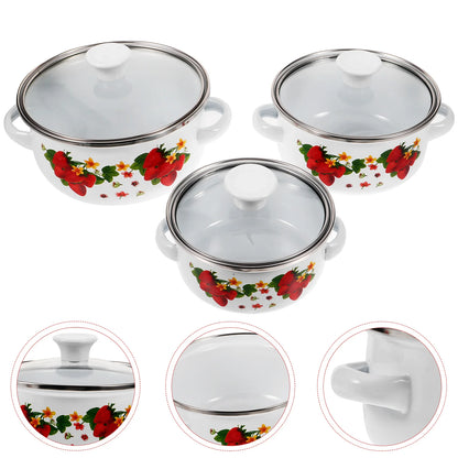 Enamel Mini Soup Pot Double Ear Oil Instant Noodle Flat Bottom Small Hot Three-piece Set (green Flower) Sauce Pan Saucepans