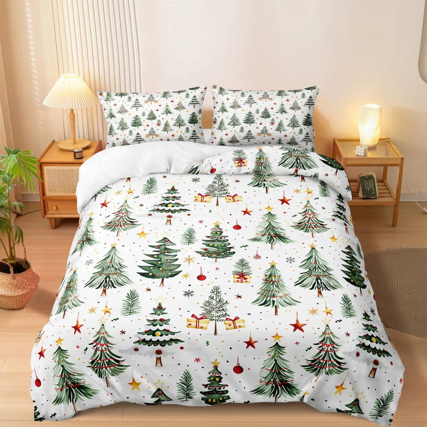 3PCS Multicolor Duvet Cover Bedding Night Comforter Cover Christmas Pattern Bed Sets Soft Polyester Fibre Comforter Sets