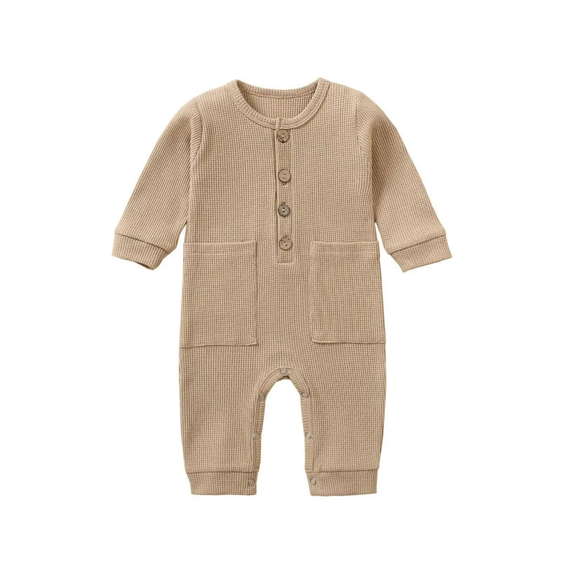 Musim Bunga Musim Gugur Bayi Baju Monyet Bayi Kapas Pepejal Lembut Jumpsuit Bayi Dengan Poket Gadis Lelaki Lengan Panjang Bebe Piyama Butang Wodden 