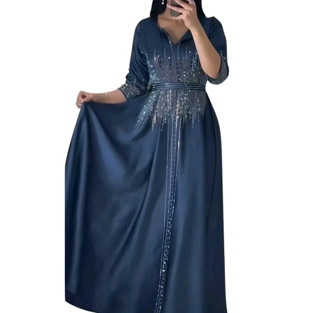 Muslim Satin Dress for Women Fashion Diamond Evening Dress Abaya Dubai Dinner Robe Muslim Dress Women Clothes for Muslim Women