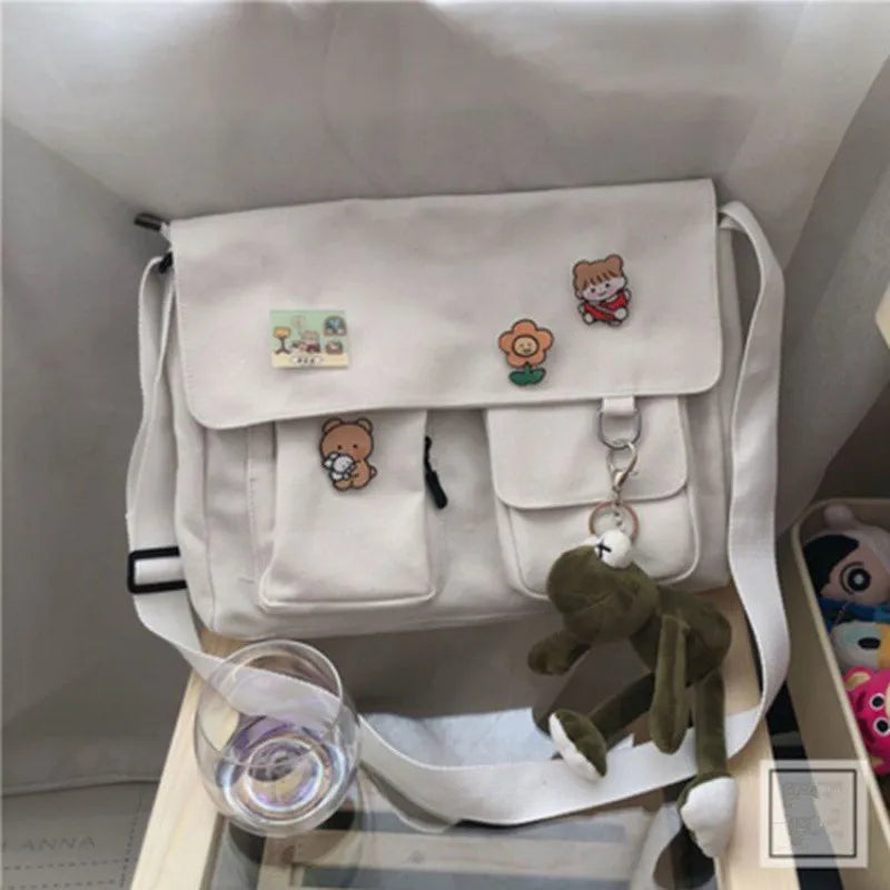 Harajuku Jepun Beg Bahu Gadis Retro Comel Lencana Cantik Kanvas Selempang Beg Sekolah Pelajar Beg Utusan Warna Pejal Beg Utusan 