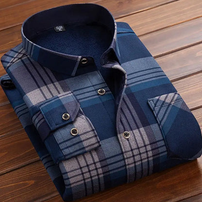 2024 Men's Winter Warm Long Sleeve Plaid Shirts Flannel Fur Lined Thick Formal Shirts Fleece Casual Shirt for Men Dress Shirts