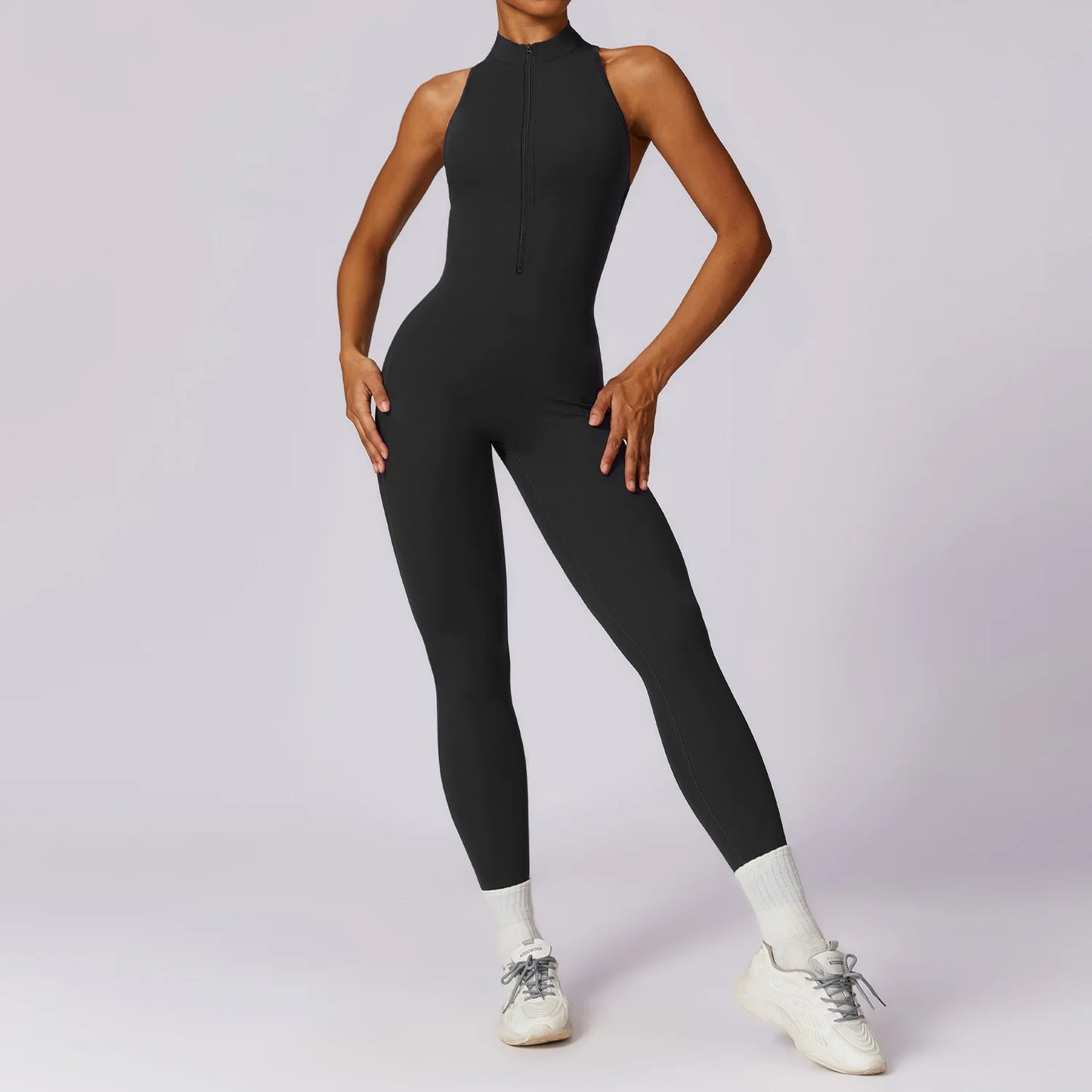 V Back One-piece Sut Wanita Sukan Jumpsuit Zippers Yoga Rompers Pakaian Sukan Tanpa Belakang Baju Sukan Wanita Lengan Senam Pakaian Wanita 